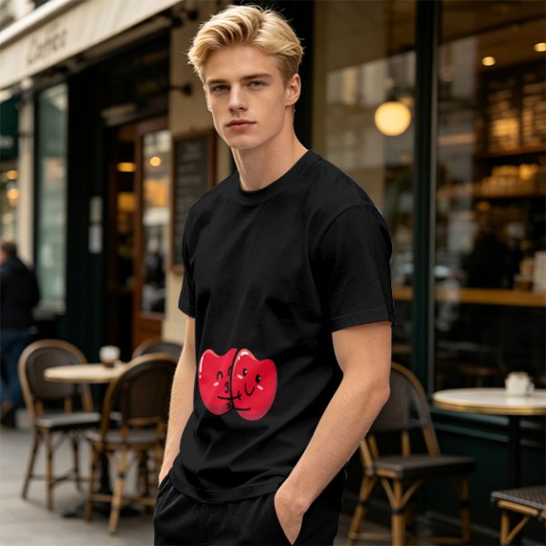 Olive green t-shirt with cute hugging red beans graphic