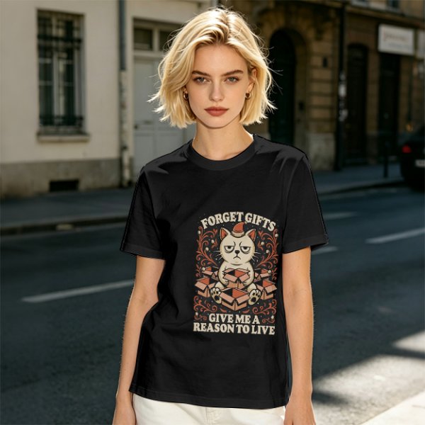 Olive t-shirt with grumpy cat holding boxes and text 'Forget Gifts Give Me A Reason To Live'