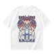 Olive green t-shirt with stained glass style forest spirit anime artwork