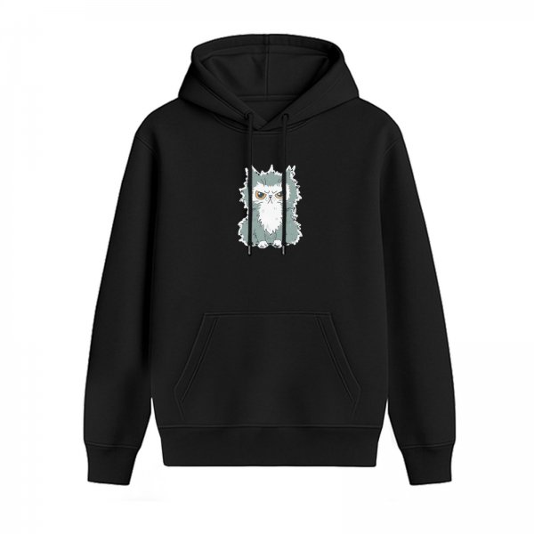 Black Hoodie With Grumpy Fluffy Cat Graphic Print