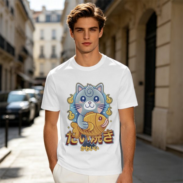 Olive green t-shirt with cute gray cat holding taiyaki graphic
