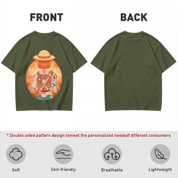Olive T-Shirt Featuring Anime Character With Straw Hat Back View