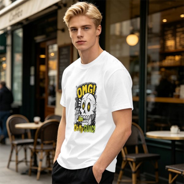 Olive T-Shirt With Funny Skull 'OMG Oh My Guac!' Print