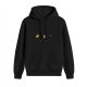 Black hoodie with small playful graphic prints on the chest