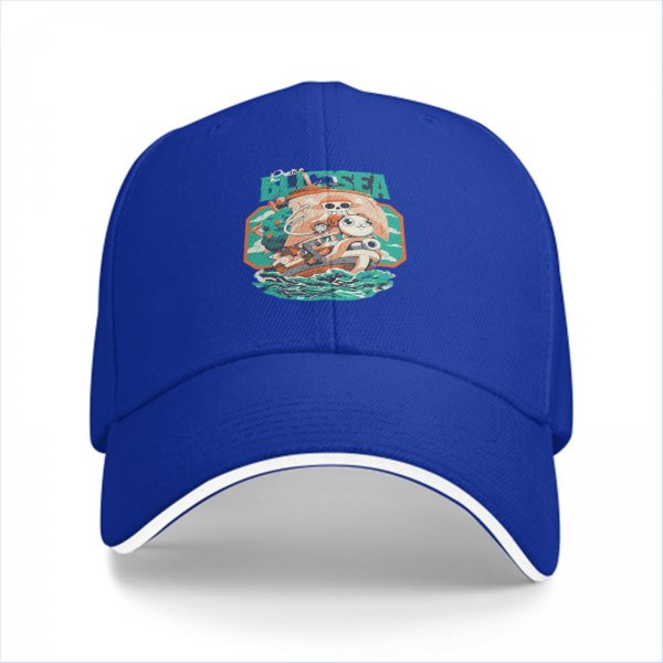 Black Baseball Cap with Blue Sea Pirate Ship Graphic Print