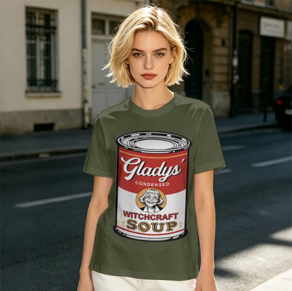 Olive T-Shirt With Gladys' Witchcraft Soup Can Graphic