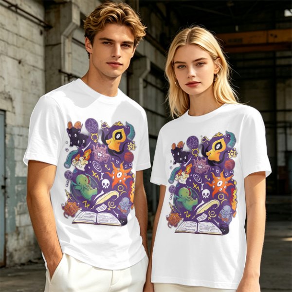 Olive T-Shirt With Cute Occult Monster And Spell Book Print