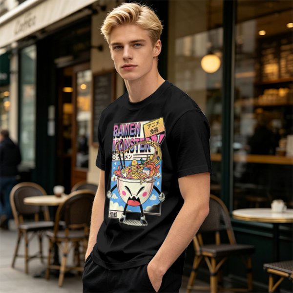 Olive green t-shirt with ramen monster anime graphic print