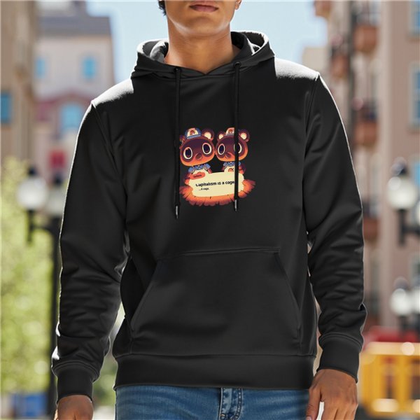 Black hoodie with cartoon raccoon graphic print