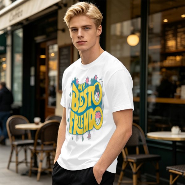 Olive graphic t-shirt with 'MY BESTO FRIENDO' anime character print