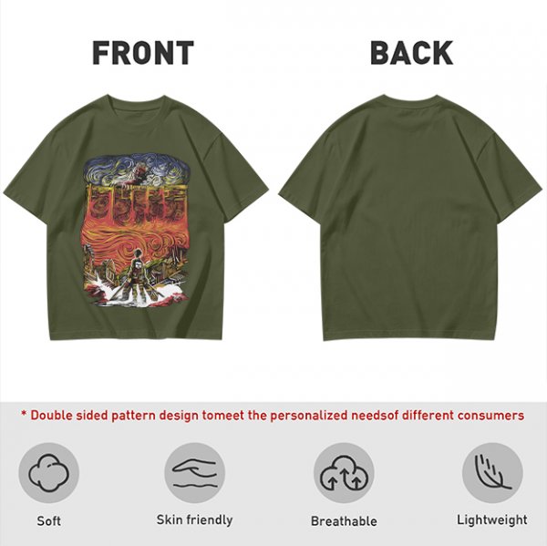 Olive T-shirt with Artistic Swirling Scene Print Featuring a Silhouetted Figure