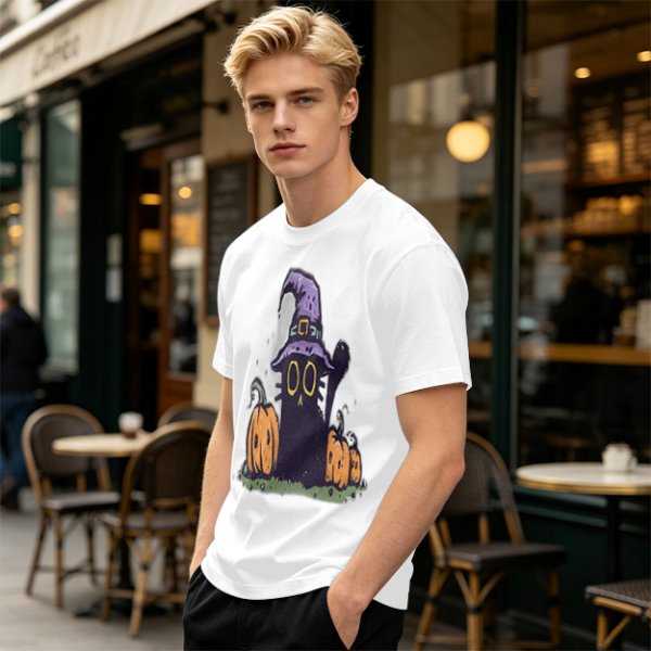 Olive Halloween T-Shirt with Black Cat Witch and Pumpkins
