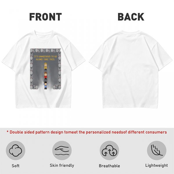 Olive t-shirt with retro video game 'It's dangerous to go alone' print