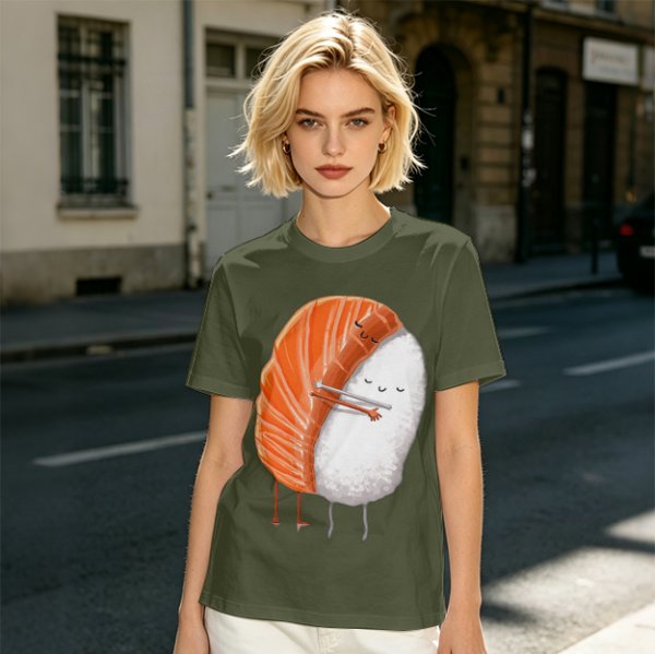 Olive T-shirt with Cute Hugging Salmon Sushi and Rice Print