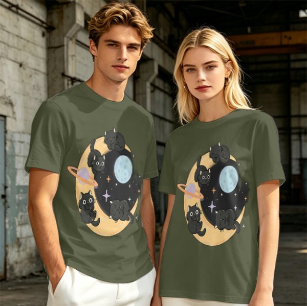 Olive T-Shirt With Black Cats On Crescent Moon Space Print