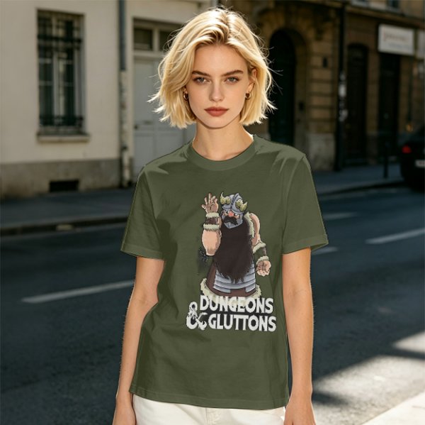 Olive T-Shirt with Dungeons & Gluttons Dwarf Viking Graphic