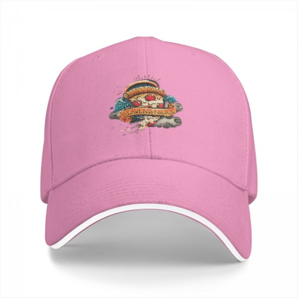 Black baseball cap with Heaven's Slice pizza angel graphic
