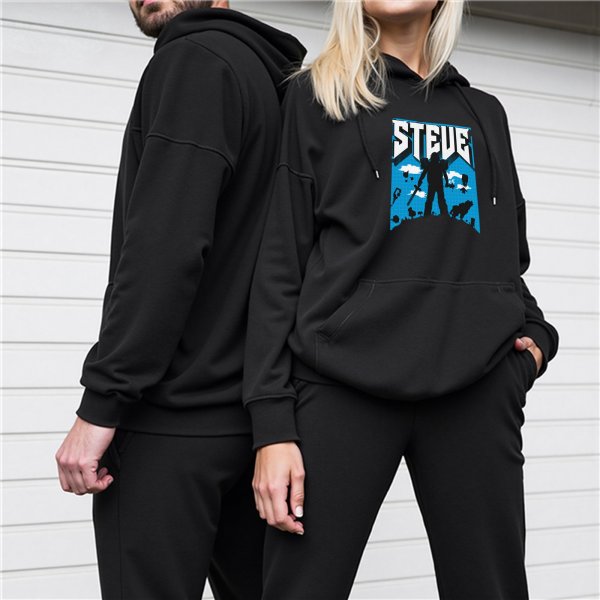 Black hoodie with Steve Minecraft-style graphic print