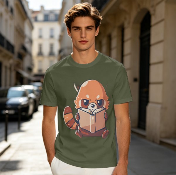Olive T-Shirt with Cute Red Panda Reading Book Graphic