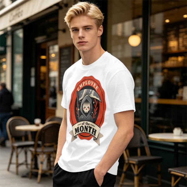 Olive T-Shirt with Cute Grim Reaper Employee of the Month Print
