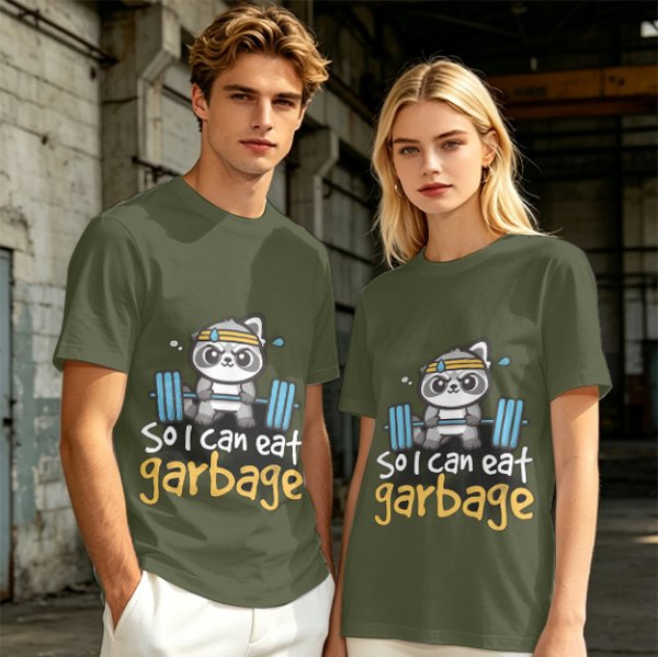 Olive T-Shirt with Raccoon Lifting Weights 'So I Can Eat Garbage' Print