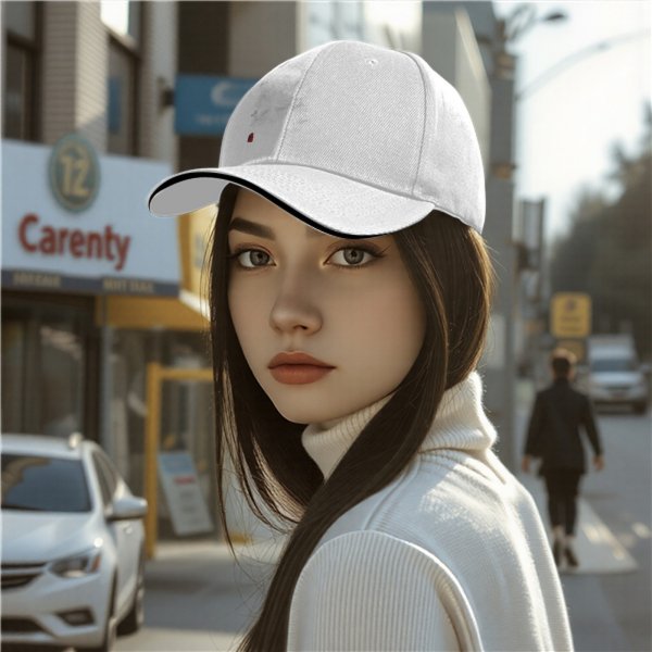 Black Baseball Cap with Small Red Logo and White Brim Trim