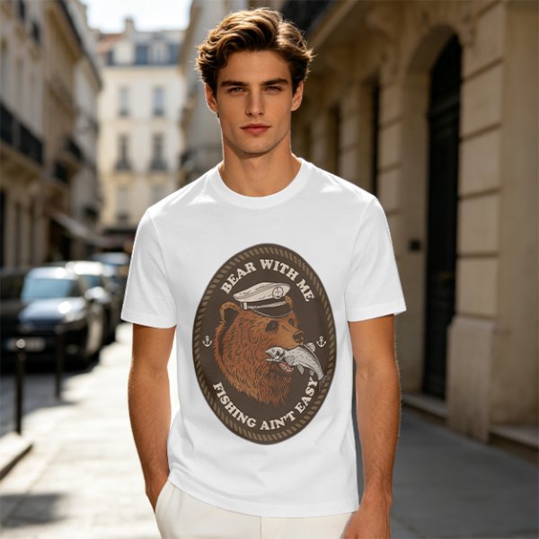 Olive t-shirt with bear captain fishing pun graphic