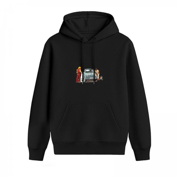 Black Hoodie With Pixel Art Car And Characters Print
