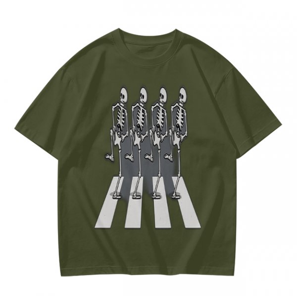 Olive T-Shirt With Skeletons Crossing Abbey Road Style Crosswalk Print