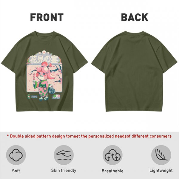 Olive green t-shirt with cherry blossom festival dog character print