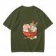 Olive T-Shirt With Cute Cat Ramen Bowl Graphic Print