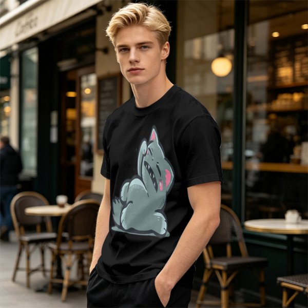 Olive T-Shirt With Embarrassed Gray Cat Graphic Print