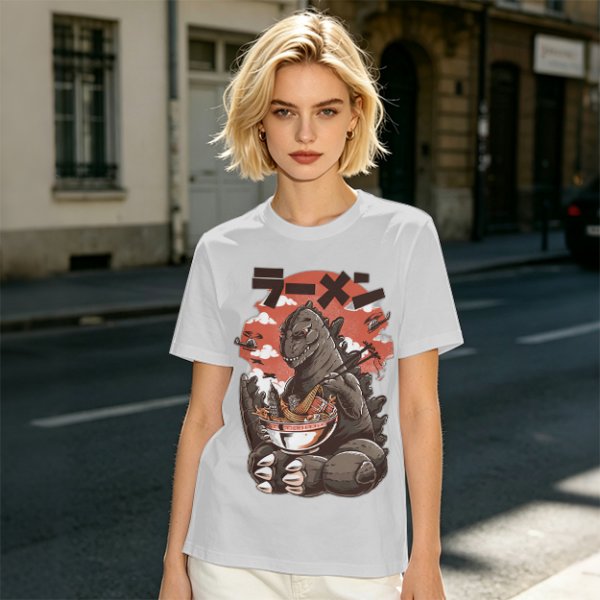 Olive T-shirt with Godzilla eating ramen graphic