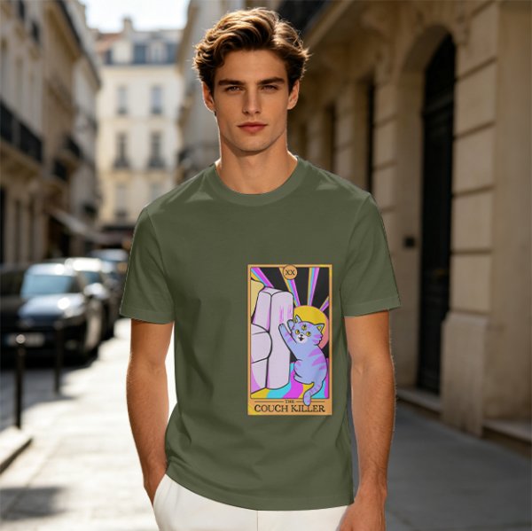 Olive green t-shirt with three-eyed cat couch killer tarot-style graphic