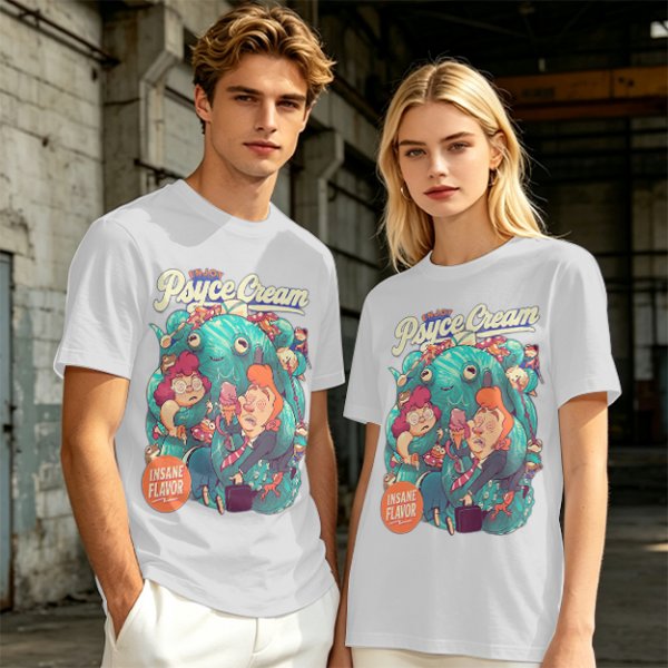 Psyce Cream Insane Flavor Graphic Tee with Whimsical Monster and Characters