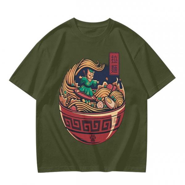 Olive T-shirt with Samurai Cat Surfing Ramen Bowl Art