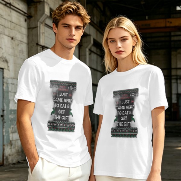 Olive Christmas T-Shirt With 'I Just Came Here To Eat & Get The Gift' Print