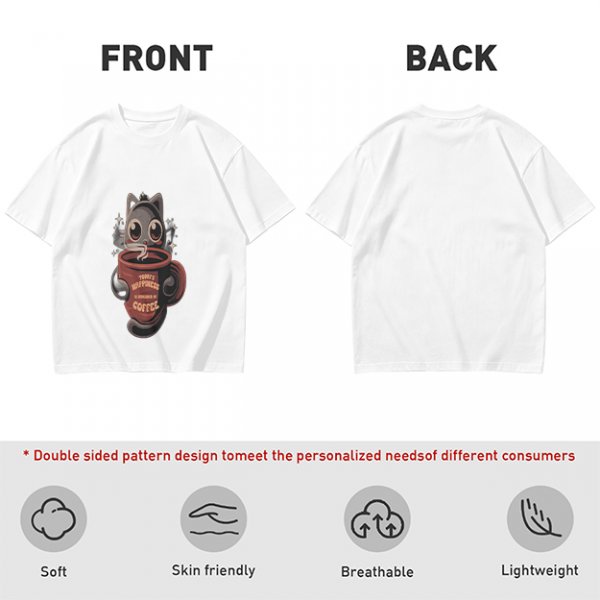 Olive t-shirt with a cartoon cat and coffee cup graphic