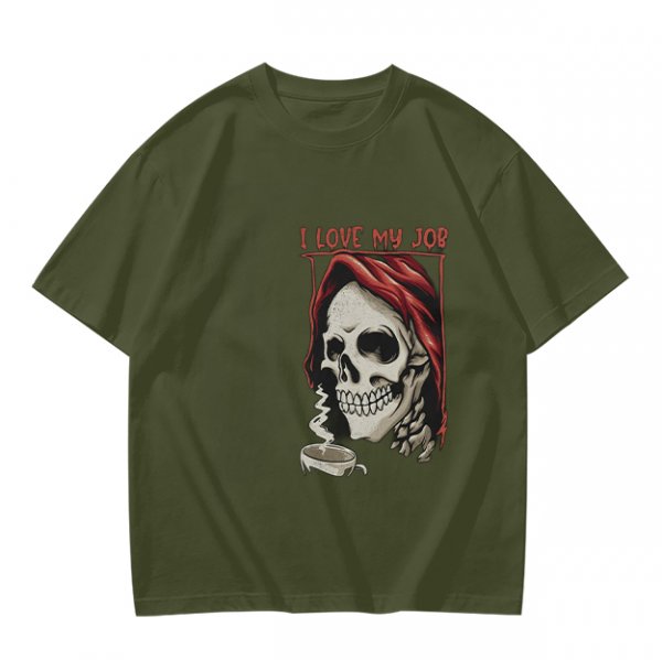 Olive Graphic T-Shirt with Skull and 'I Love My Job' Print