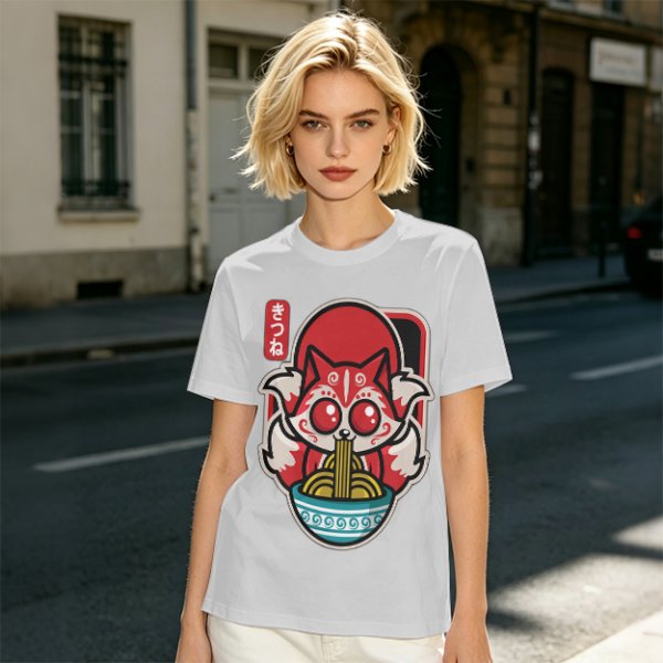 Olive t-shirt with cute kitsune fox eating ramen graphic
