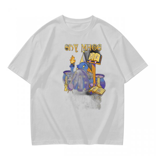 Olive T-Shirt with Shy Mage Wizard and Magical Artwork Print