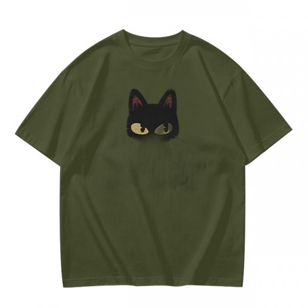 Olive Green T-Shirt With Black Cat Head Graphic Print