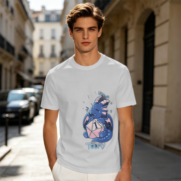 Olive T-Shirt With Sad Dragon Holding D20 Natural 1 'Like A Today' Print