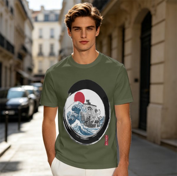 Olive T-shirt with Great Wave Enso Circle and Red Sun Print