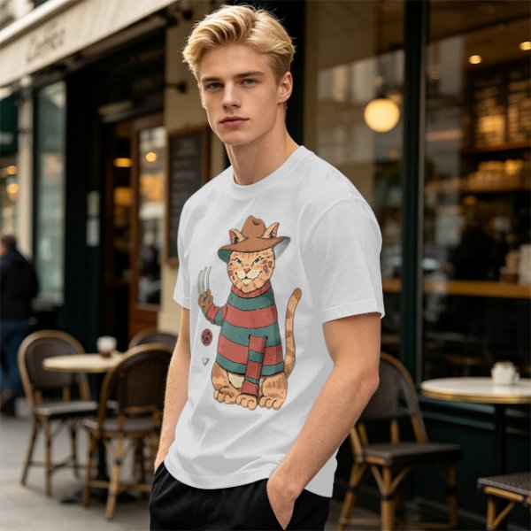 Olive T-Shirt With Freddy Krueger Themed Cat Graphic
