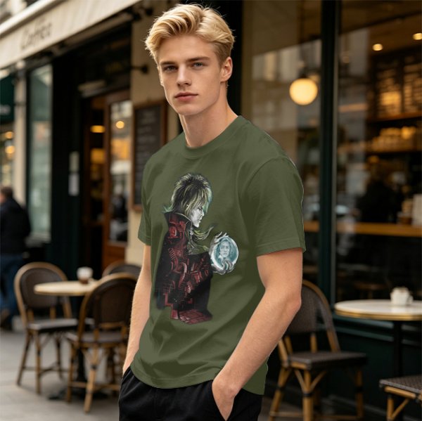 Olive Green T-Shirt With Goblin King Holding Crystal Ball Art