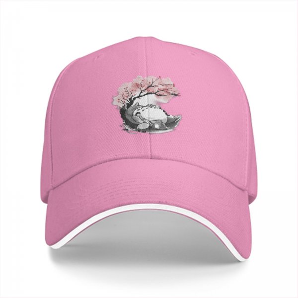 Black Baseball Cap with Cherry Blossom Tree and Whimsical Creature Print