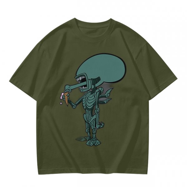 Olive T-Shirt With Alien Eating Ice Cream Graphic