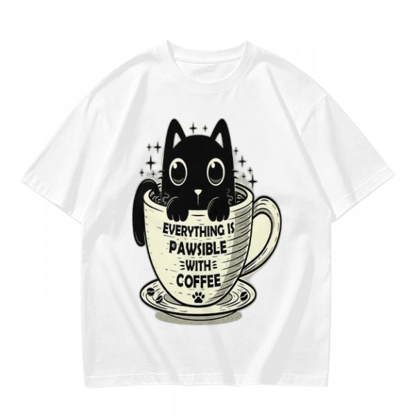 Olive T-Shirt With Black Cat In Coffee Cup 'Everything Is Pawsible With Coffee' Print