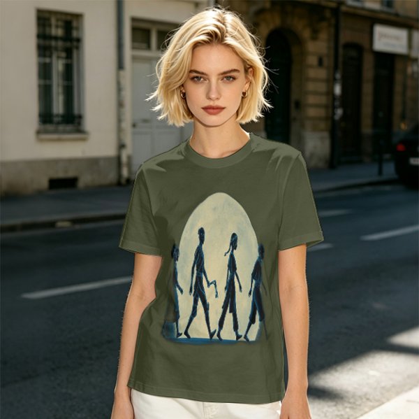 Olive T-shirt with Walking Silhouettes Under a Large Moon